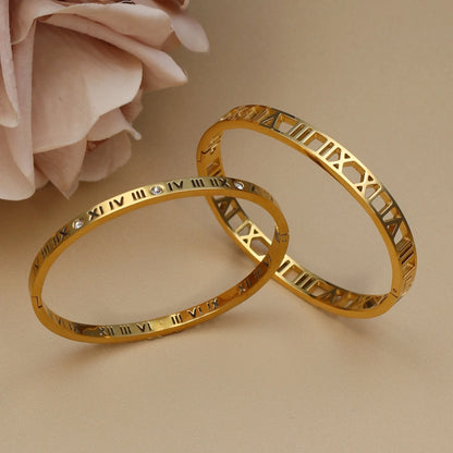 Fashion Stainless Steel Crystal Cutout Roman Numeral Design Gold Color Bracelet Women's Jewely