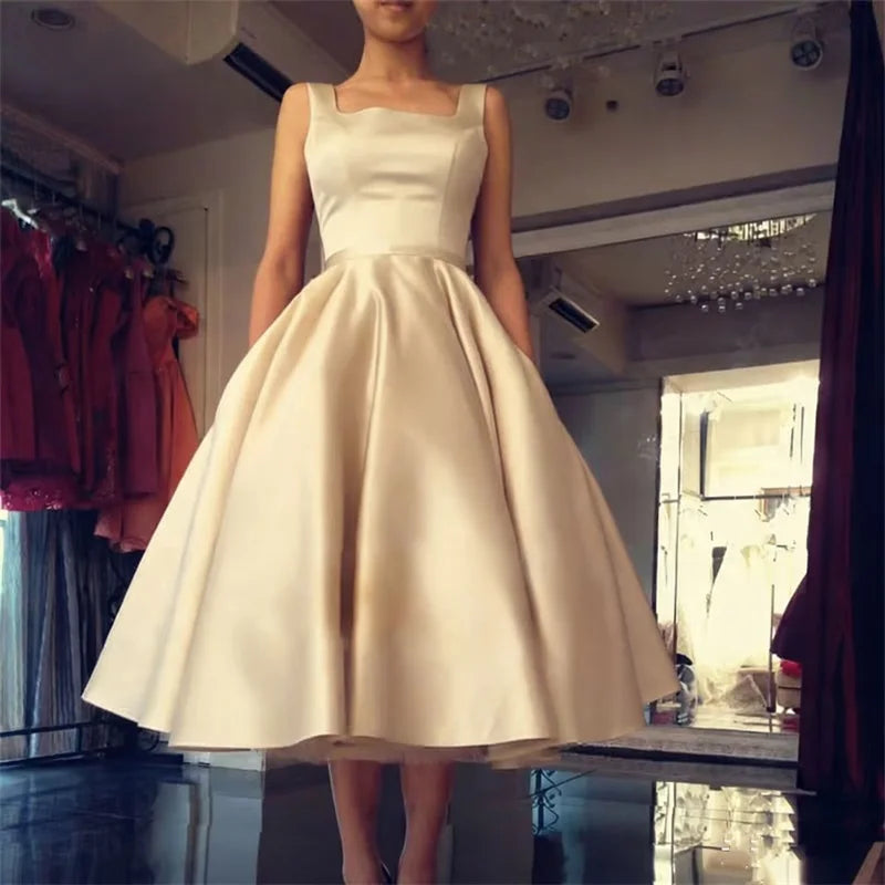 Women's Square Neck Satin Prom Bow A Line Backless Tea Length Formal Evening Party Dress w/ Pockets