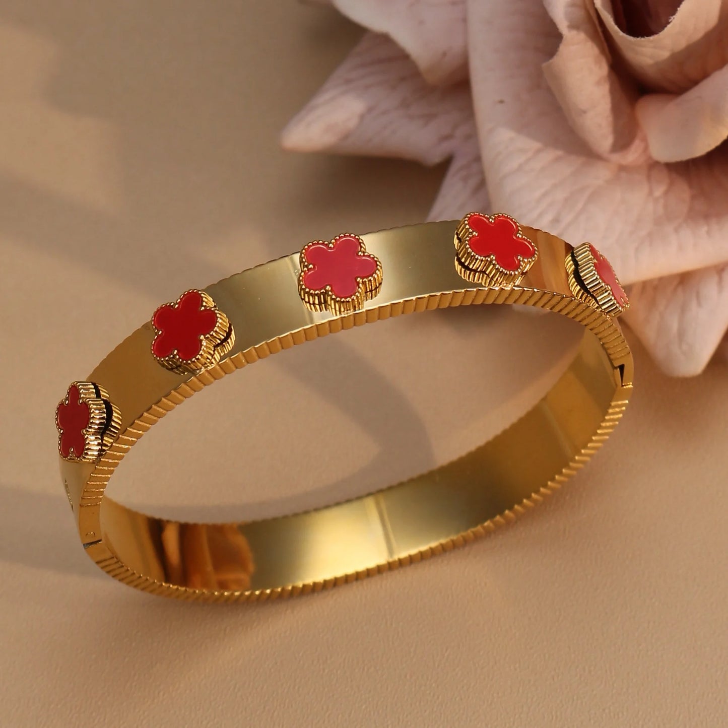 Women Acrylic Flower Shape Stainless Steel 18k Gold Color Bracelet Bangles