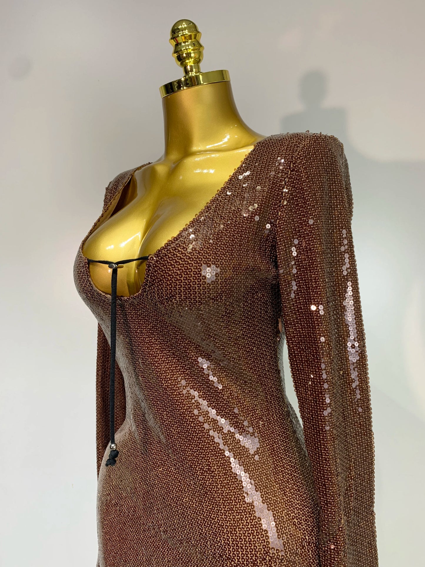 Women Sparkly Sequins Deep V Long Sleeves Midi Celebrity Birthday Party Prom Dress