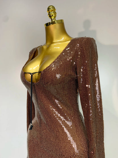 Women Sparkly Sequins Deep V Long Sleeves Midi Celebrity Birthday Party Prom Dress