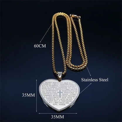 Spanish Religious Catholic Holy Bible Verse Projection Cross Heart Stainless Steel Necklace
