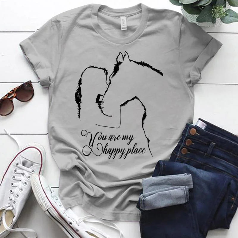 Funny Horse You Are My Happy Place Print Women Short Sleeve Tee Shirts Tops