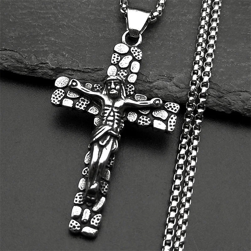 Men Women Gold Color Chain Amulet Stainless Steel Christian Jesus Crucifix Cross Pendants Necklace