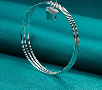 Women 925 Sterling Silver Three Circle Star Wedding Engagement Charm Bangle Bracelet
