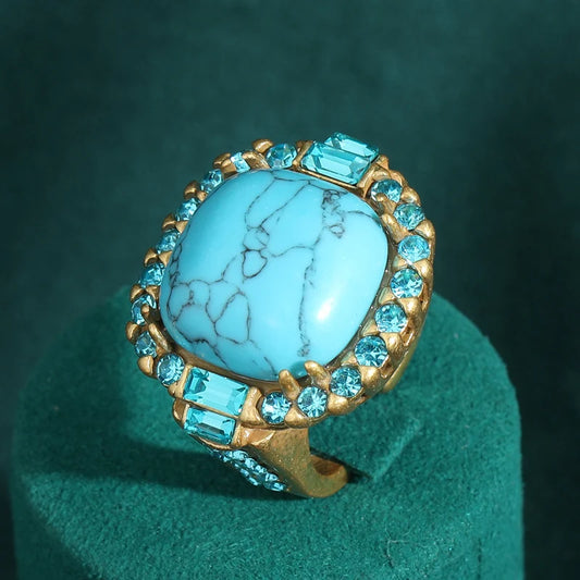 Vintage Art Deco Turquoise 18K Gold-Plated Prong-Set Stone Designer Ring