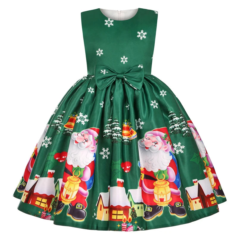 3-10Y Kids Girls Cartoon Santa Claus Snowman Christmas Tree Print Princess Party Costume Dress