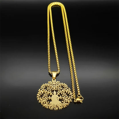Men Women Tree of Life Buddhism Meditation Stainless Steel Gold Color Chain Necklace