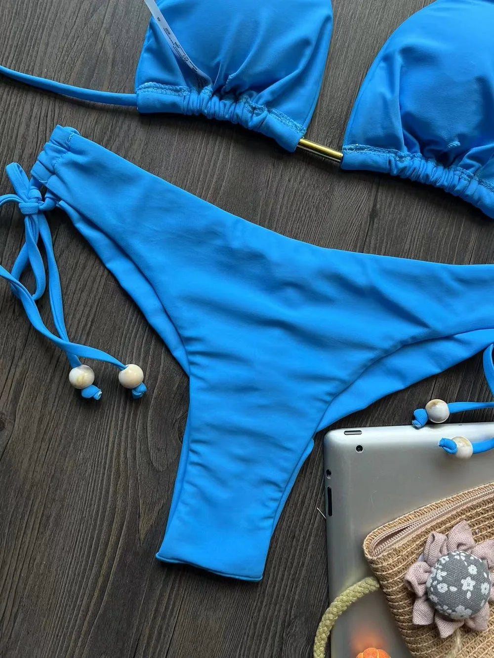 Solid Color Bikini Swimsuit Hanging Neck Rope Split Swimsuit 2-piece Beachwear Suit