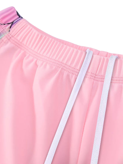 2pcs Kids Girls Short Sleeve Tops Swim Shorts Scale Print Patchwork Beach Bathing Swimwear