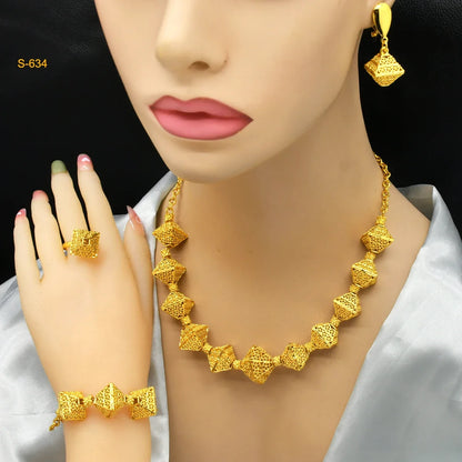 Fashion Indian 24K Gold Color Women African Wedding Dubai Necklace Earrings Bracelet Ring Jewelry Set