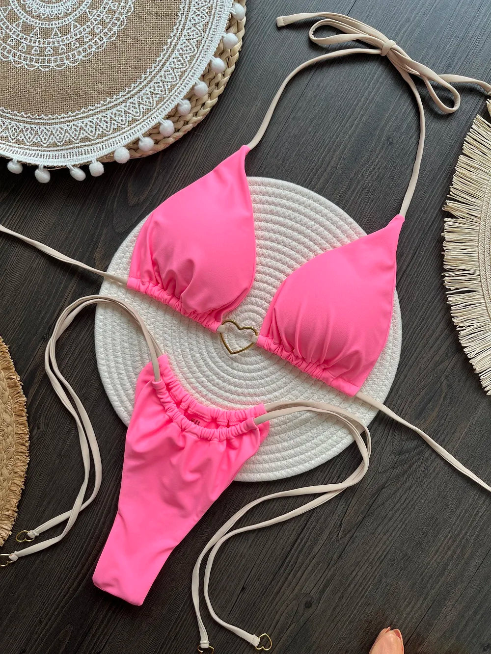 Solid Color Bikini Low Waist Lace-up Fashionable Swimsuit Two-piece Suit