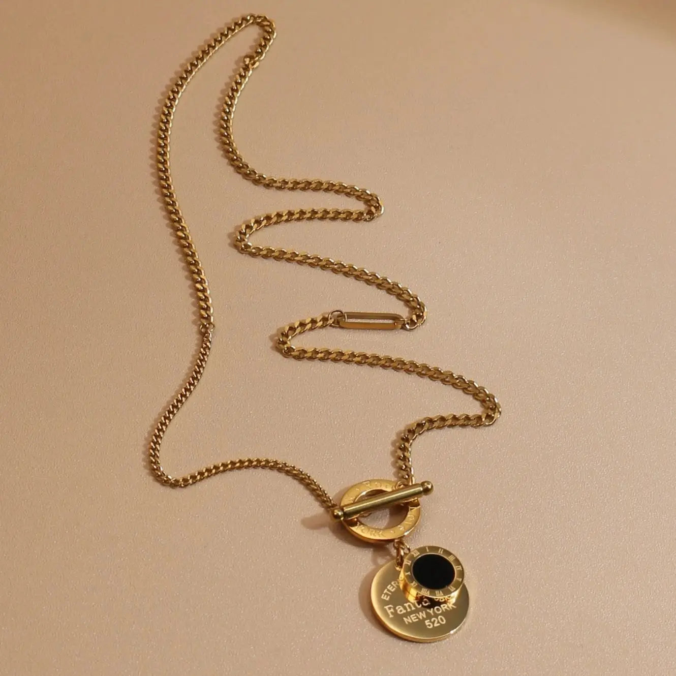 FOREVER LOVE Roman Numeral Round Stainless Steel 18K Gold Pated Women's Pendant Necklace