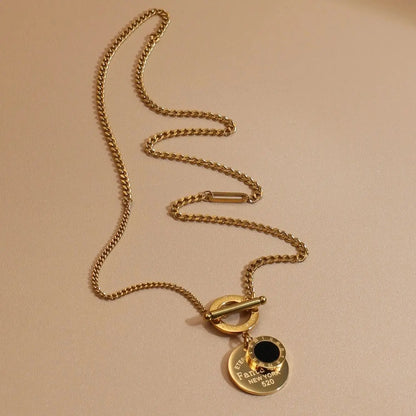FOREVER LOVE Roman Numeral Round Stainless Steel 18K Gold Pated Women's Pendant Necklace