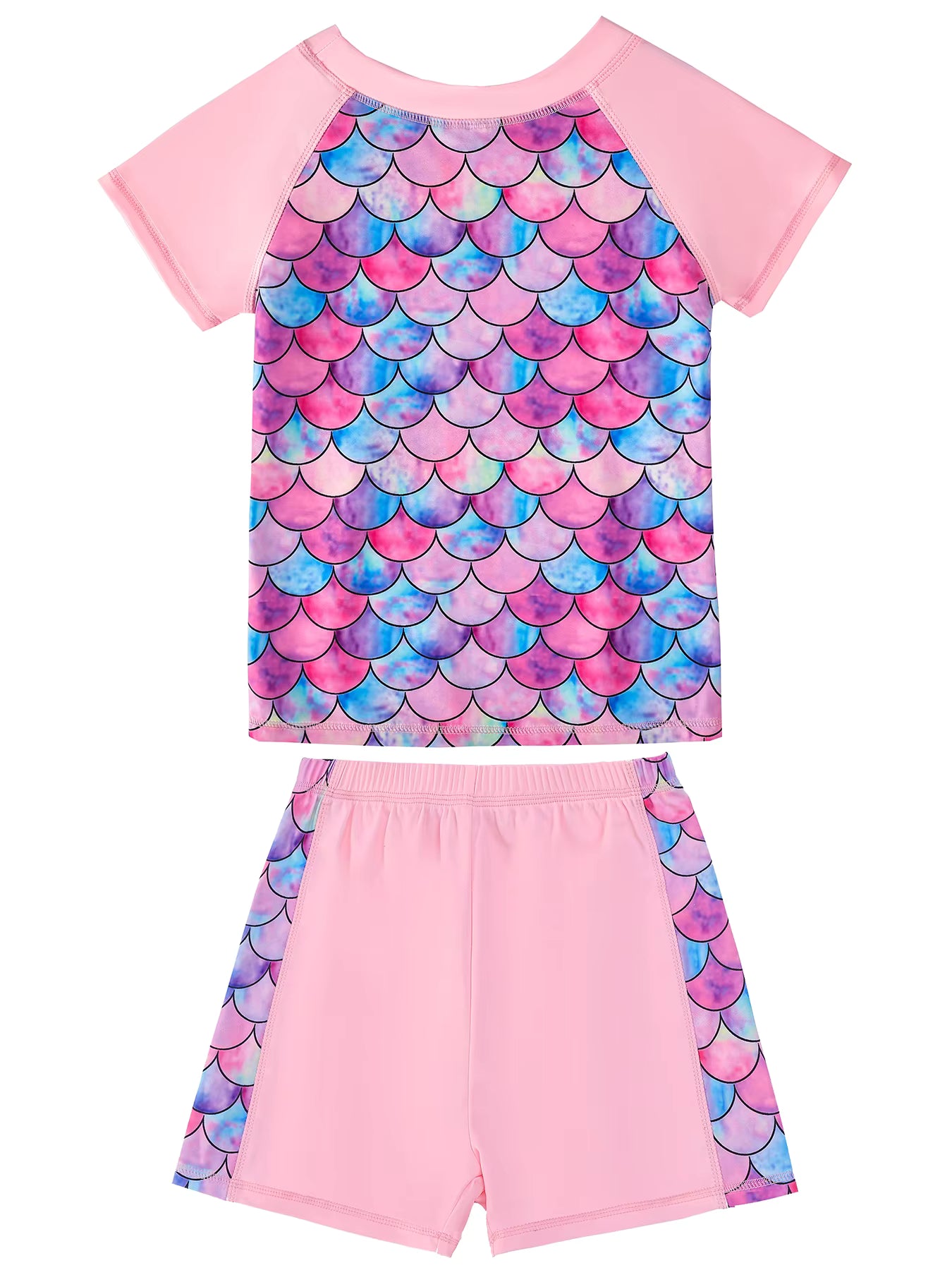 2pcs Kids Girls Short Sleeve Tops Swim Shorts Scale Print Patchwork Beach Bathing Swimwear