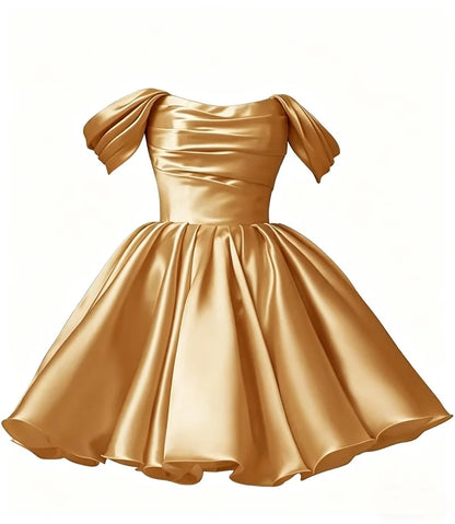 Women Off The Shoulder Satin Homecoming A Line Short Pleated Strapless Prom Evening Dress w/ Pockets