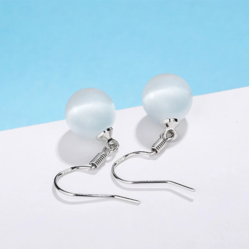 Solid 925 Sterling Silver Cat's Eyes Stone Opal Drop Bridal Wedding Earrings