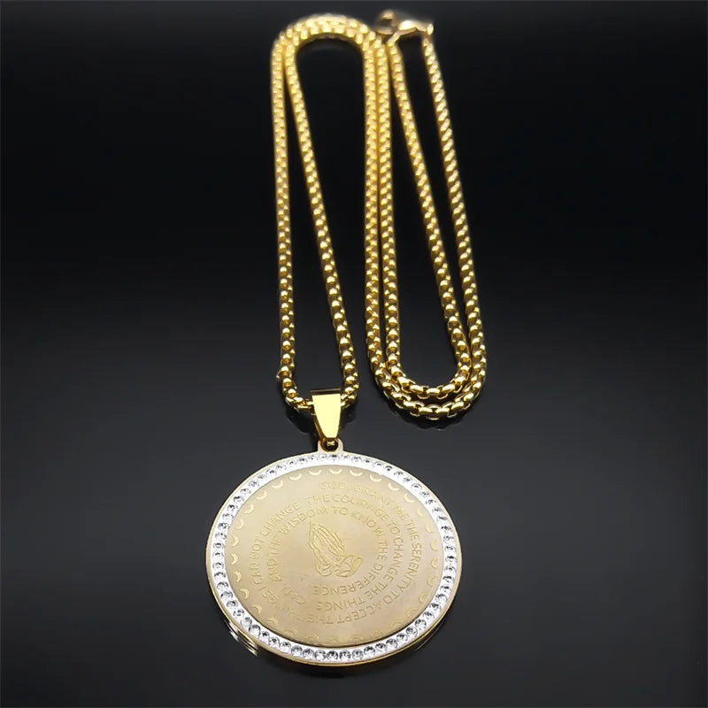 Women Men Stainless Steel Blessing Bible Lords English Serenity Prayer Hand Pendant Necklace