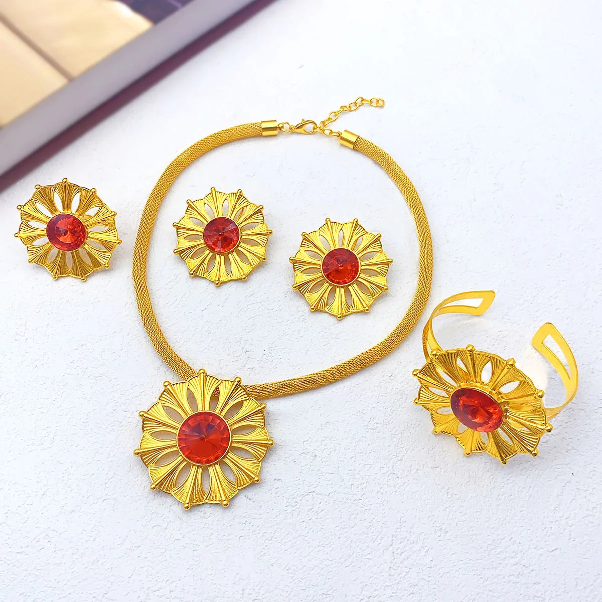 Dubai African Women 24K Gold Plated Indian Bridal Wedding Necklace Earrings Jewelry Set