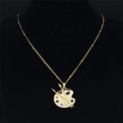 Painting Plate Zircon Stainless Steel Art Pigment Palette Choker Necklace