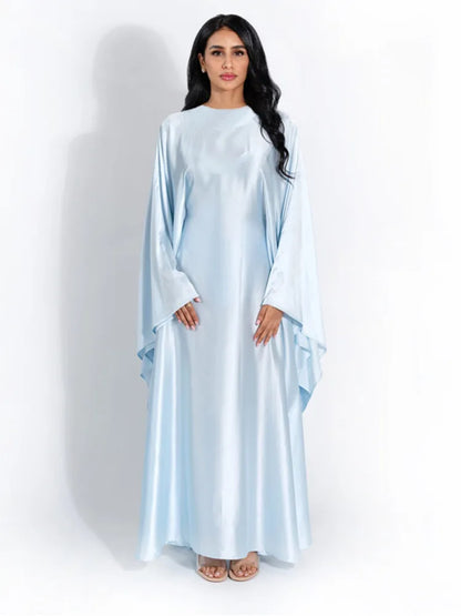 Women Satin Cloak Long Sleeve Loose Kaftan Fashion O Neck Long Dress