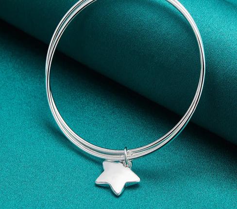 Women 925 Sterling Silver Three Circle Star Wedding Engagement Charm Bangle Bracelet