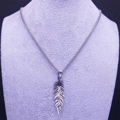Boho Leaf Feather Women Men Stainless Steel Silver Color Chain Pendant Necklace