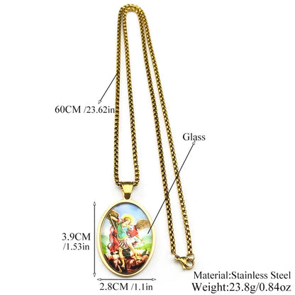 Women Men Stainless Steel Gold Color Christian Amulet SAINT MICHAEL PROTECT US Archangel Glass Medal Pendant Necklace