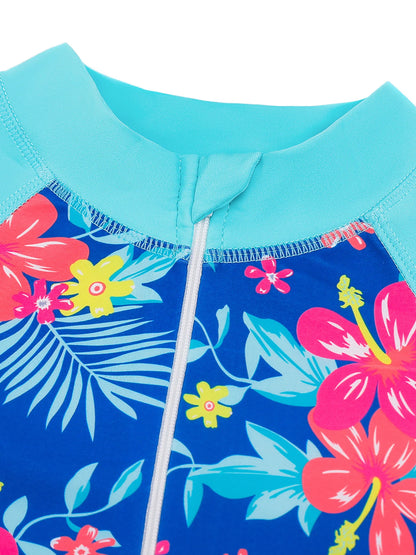 Girls Kids One-Piece Long Sleeve Plants Print Beach Swimwear Boyleg Shorts Swimsuit