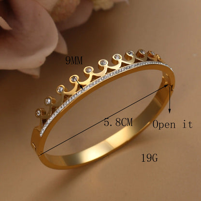 Delicate Crystal Crown LOVE Stainless Steel Gold Color Cutout Design Women's Charm Bracelet