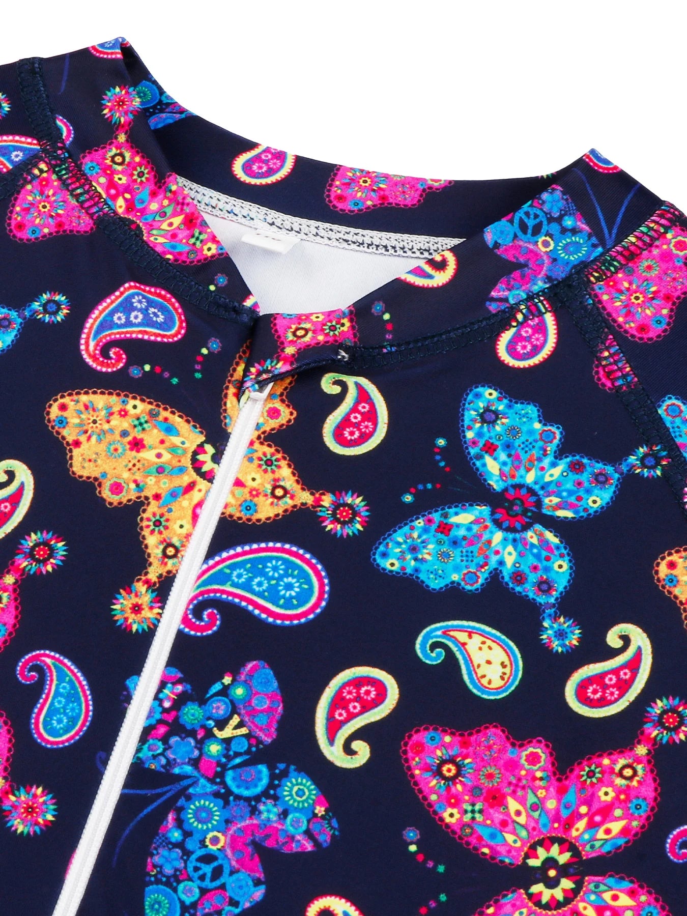 Kids Girls Long Sleeve Colorful Butterfly Print One Piece Zipper Beach Bikini-Cut Bottom Bathing Suit
