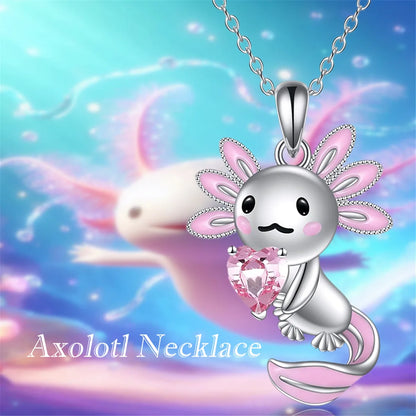 Women Elegant Creative Cute Pink-ear Axolotl Heart Crystal Pendant Necklace