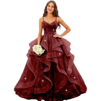 Sparkly Tulle Long Prom Spaghetti Straps Ball Glitter Tulle A-line Formal Evening Party Gown Dress