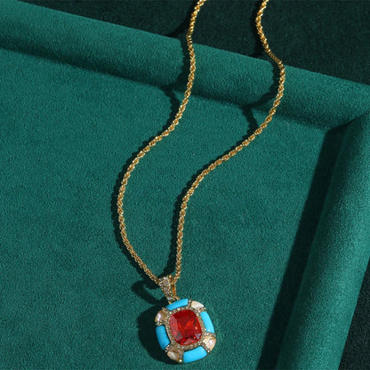 Vintage Designer Blue Enamel Red Glass Square Hanging French Stylish Luxury Charm Pendant Necklace
