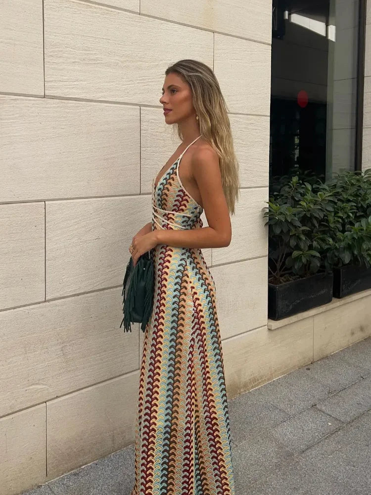 Women Contrast Striped Knit Halter Fashion Loose Backless Maxi Party Long Dress