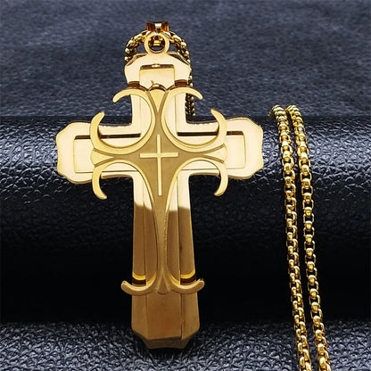 Men Big Cross Jesus Stainless Steel Gold Color Christ God Chain Necklace