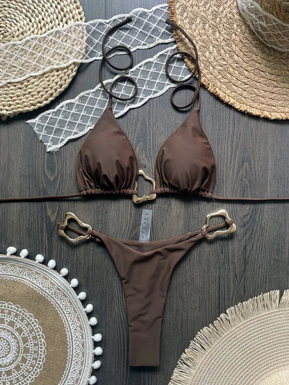 Women Bikini Solid Color Lace-up Split Two-piece Swimsuit Swimwear Suit