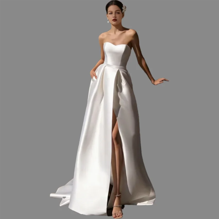 Simple Elegant Sleeveless Sweetheart A-Line Satin Wedding Bridal Gowns Side Split Robe Dress w/ Pockets