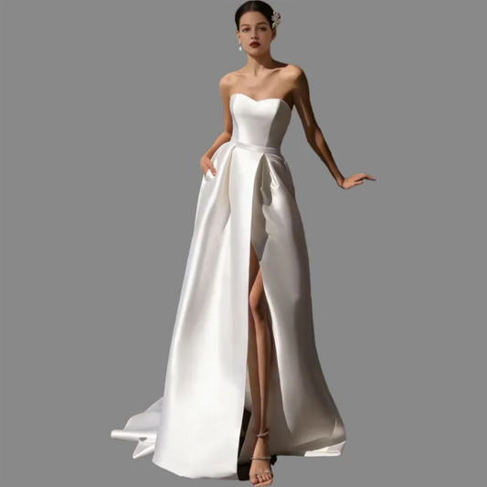 Simple Elegant Sleeveless Sweetheart A-Line Satin Wedding Bridal Gowns Side Split Robe Dress w/ Pockets