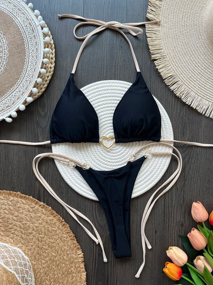 Solid Color Bikini Women Low Waist Lace-up Fashionable Swimsuit Two-piece suit