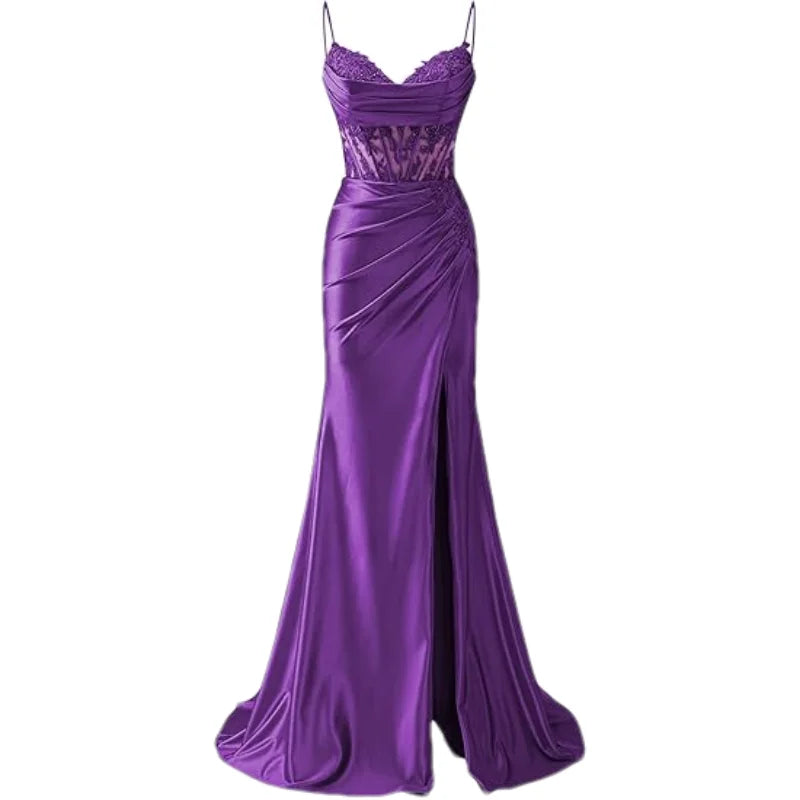 Lace Appliques Satin Prom Women w/ Slit Spaghetti Strap Backless Long Mermaid Evening Formal Dress Gown