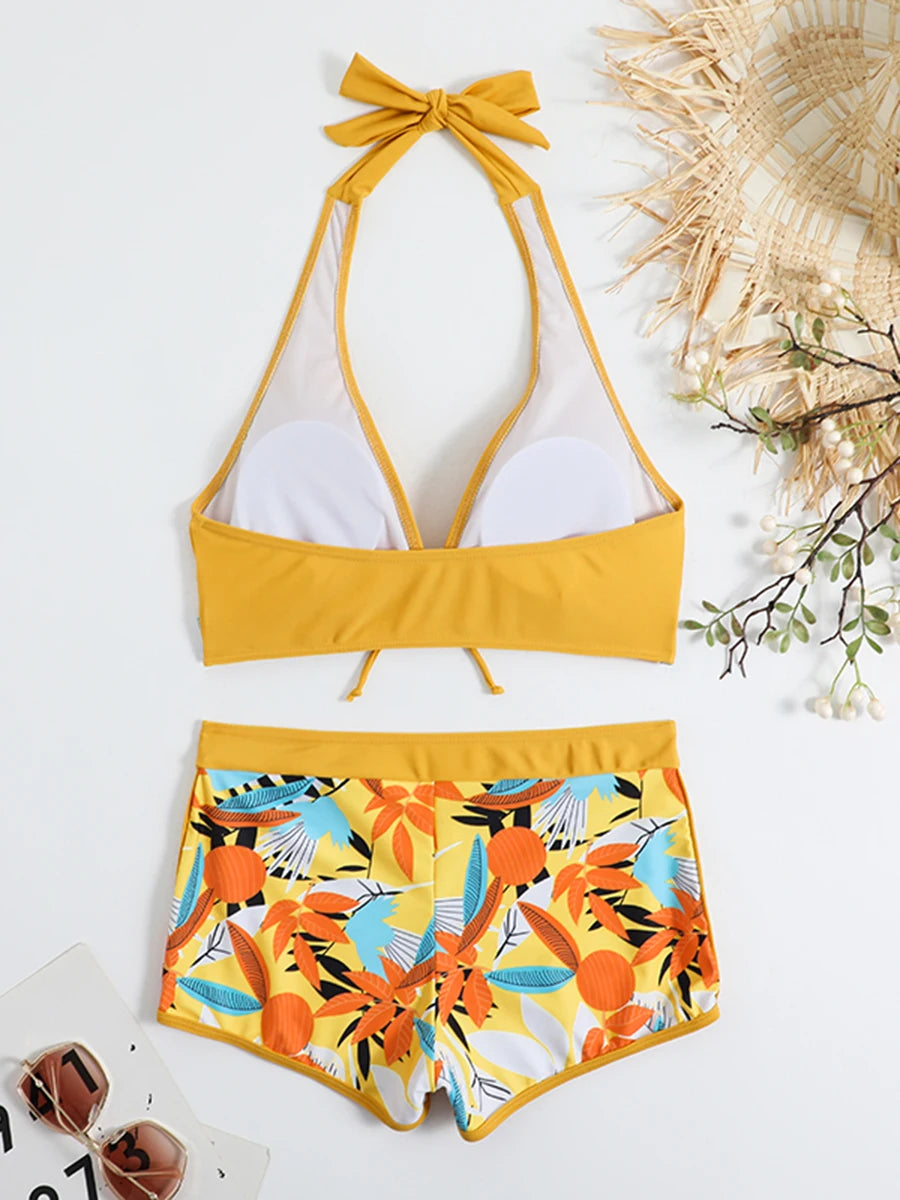 Halter Bikini Short Swimsuit Women High Waist Swimwear Printed Swimming Suit