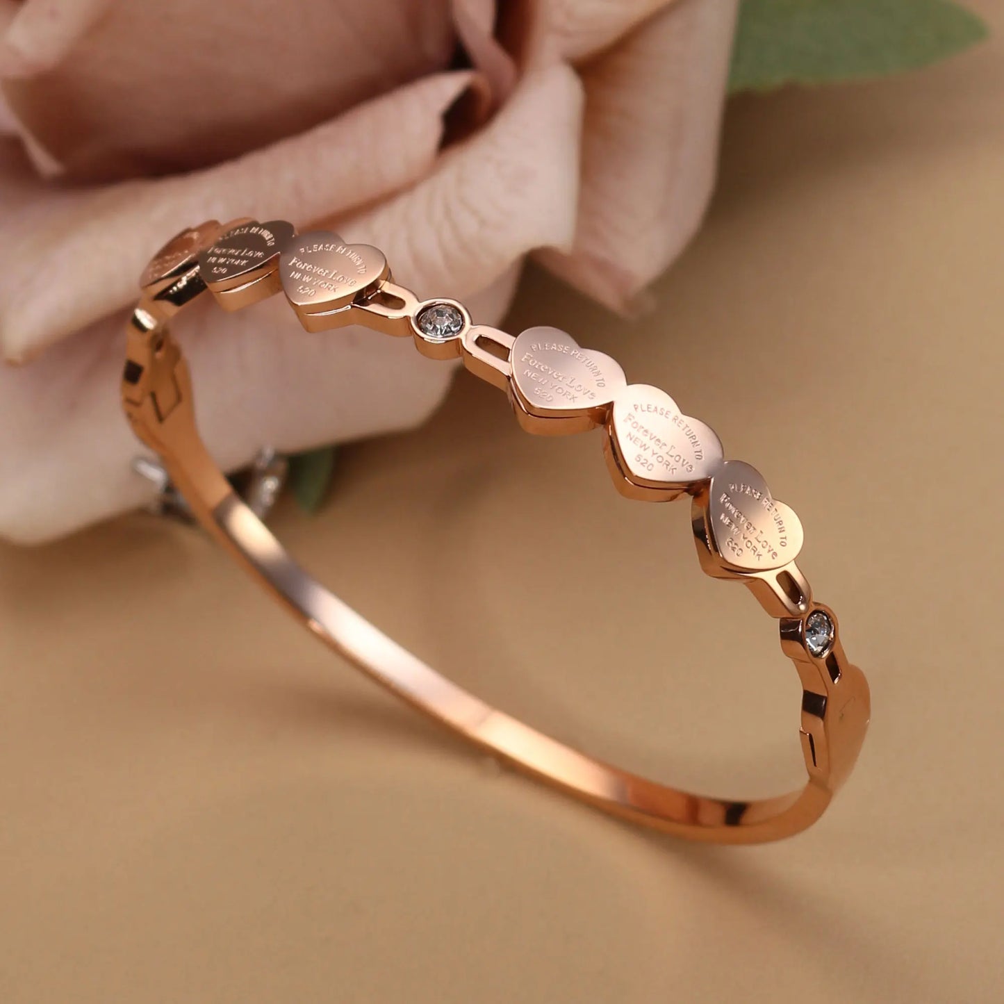 Delicate Stainless Steel Gold Color Peach Heart Crystal Design Charm Bangle Bracelet