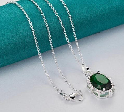925 Sterling Silver Green Zircon 16-30Inches Chain Woman Fashion Wedding Party Charm Pendant Necklace