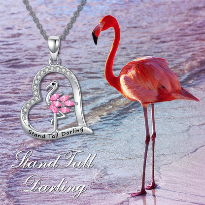 Women Fashion Cartoon Heart Shaped Flamingo Inlaid Pink Zircon Pendant Necklace Gift