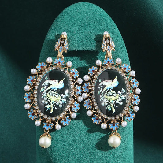 Women Vintage Antique Gold Color Shell Pearl Nature Bird Charm Earrings