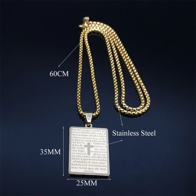 Men Women Stainless Steel Portuguese Religious Christian Cross Bible Verse Prayer Necklace