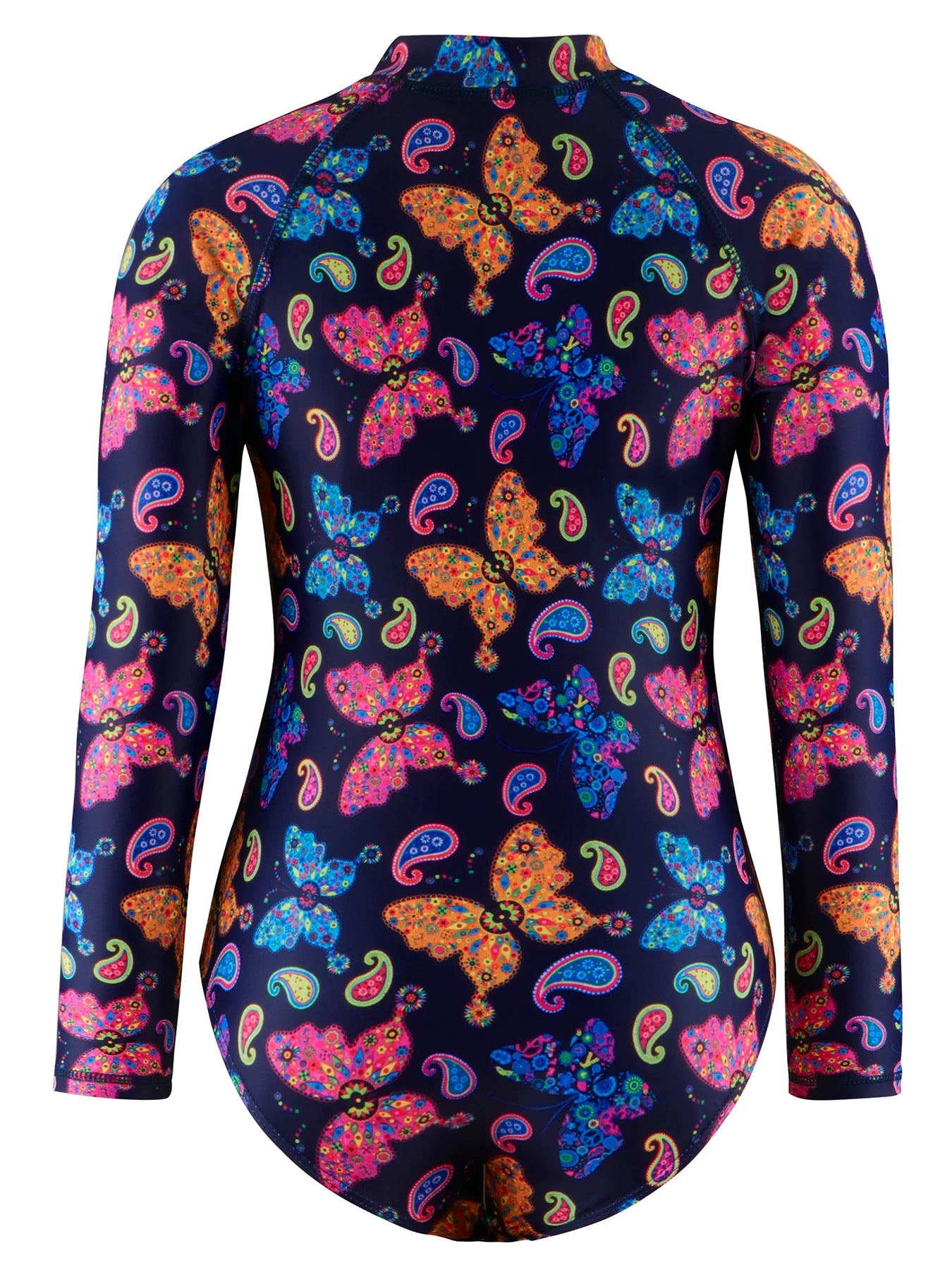 Kids Girls Long Sleeve Colorful Butterfly Print One Piece Zipper Beach Bikini-Cut Bottom Bathing Suit