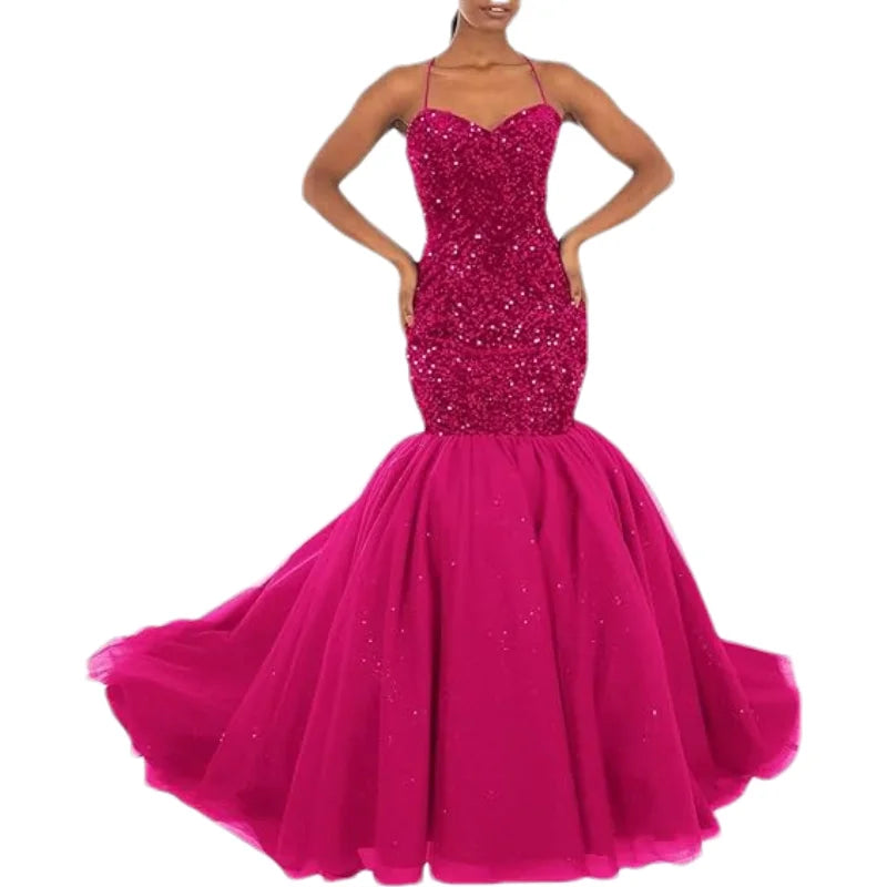 Sparkly Sequin Prom Women Long Tulle Halter Ball Gown Sleeveless Mermaid Formal Evening Party Dress