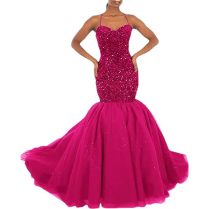Sparkly Sequin Prom Women Long Tulle Halter Ball Gown Sleeveless Mermaid Formal Evening Party Dress